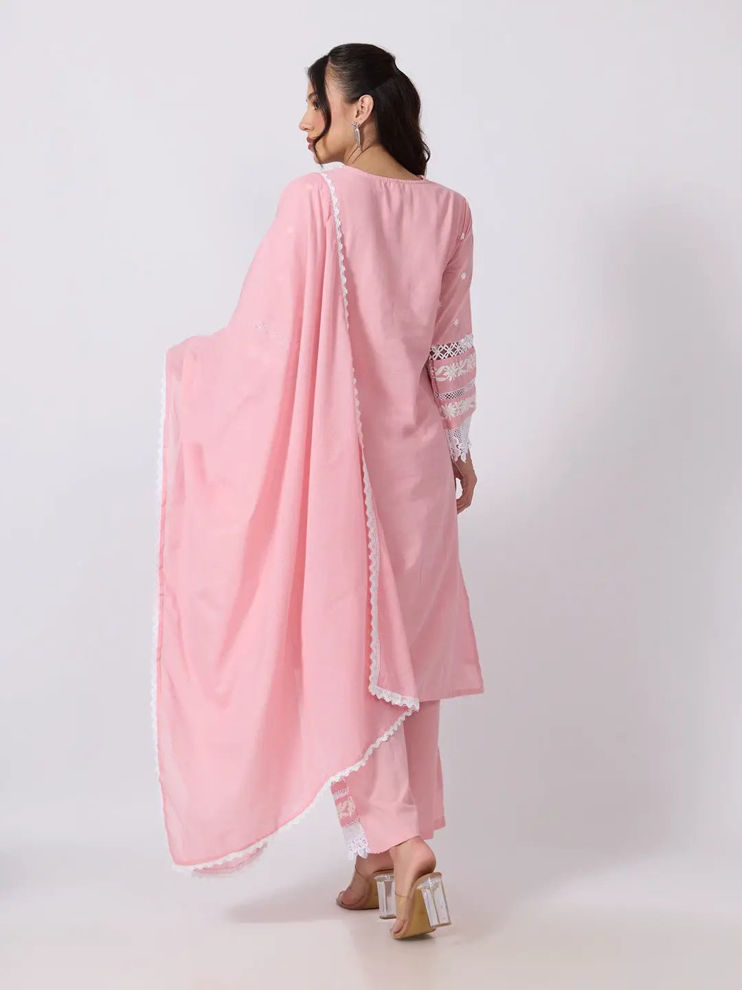 Women's Floral Embroidered Pink Kurta Pant Set with White Lace Detailing