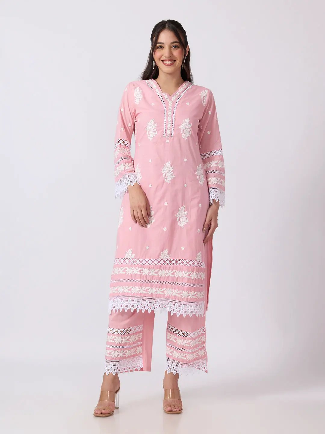 Women's Floral Embroidered Pink Kurta Pant Set with White Lace Detailing