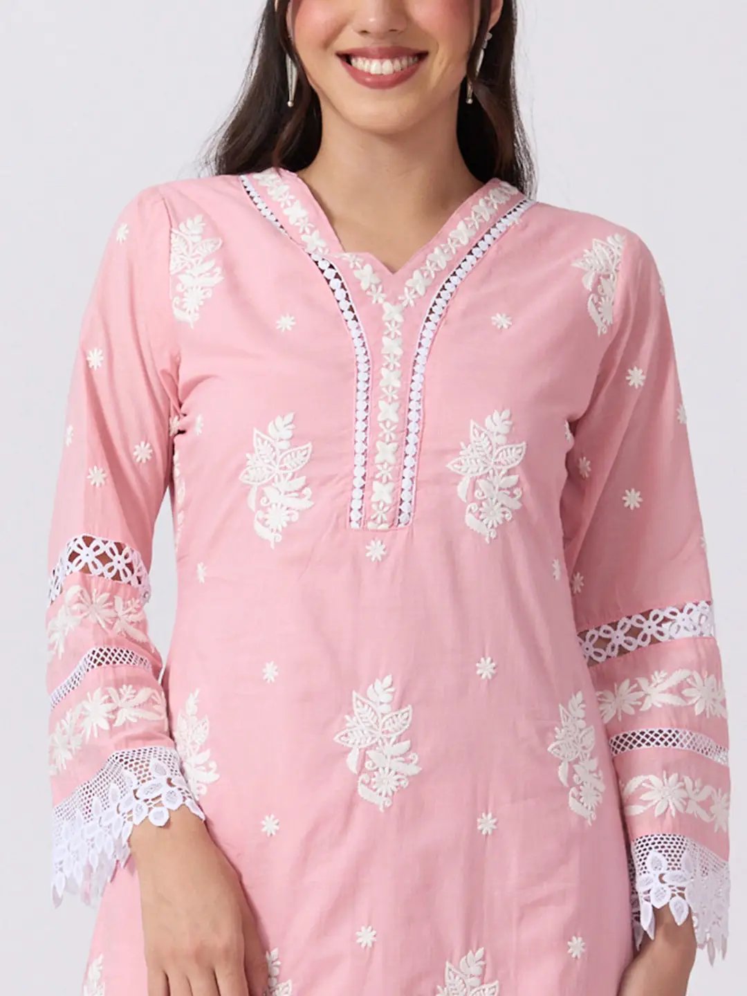 Women's Floral Embroidered Pink Kurta Pant Set with White Lace Detailing