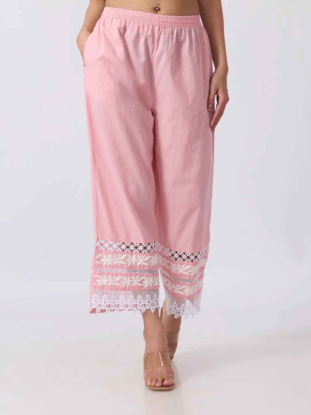Women's Floral Embroidered Pink Kurta Pant Set with White Lace Detailing