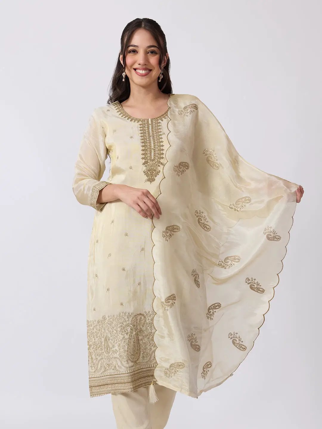 Women's Floral Embroidered Beige Straight Fit Kurta Pant Set with Scalloped Dupatta