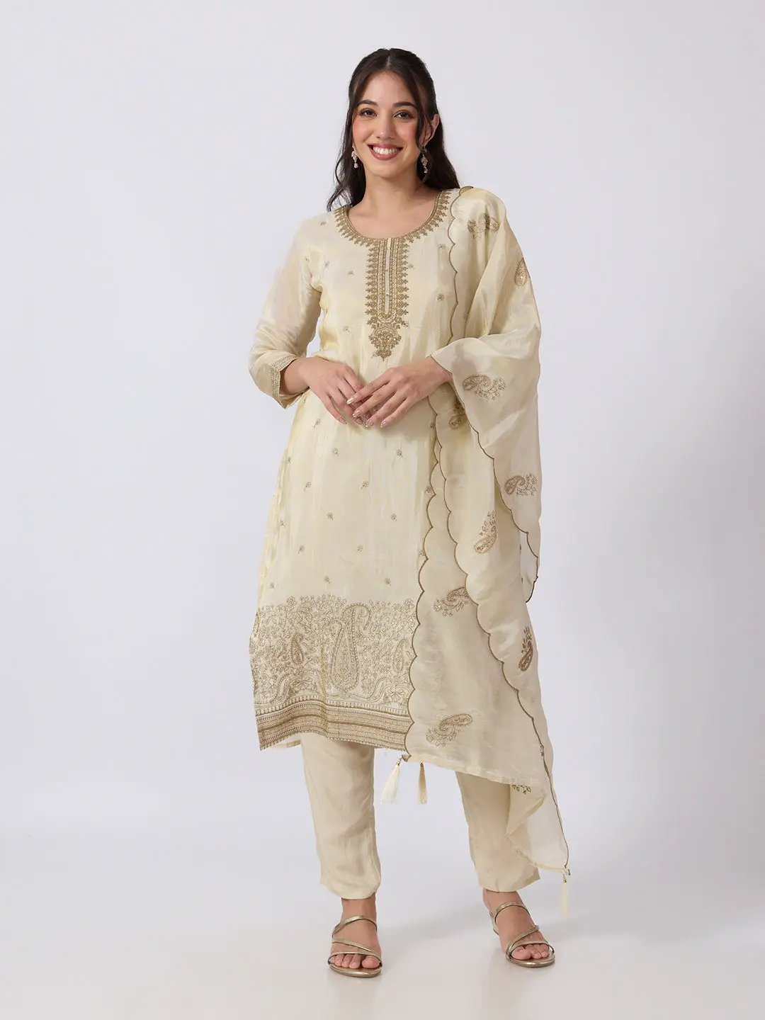 Women's Floral Embroidered Beige Straight Fit Kurta Pant Set with Scalloped Dupatta