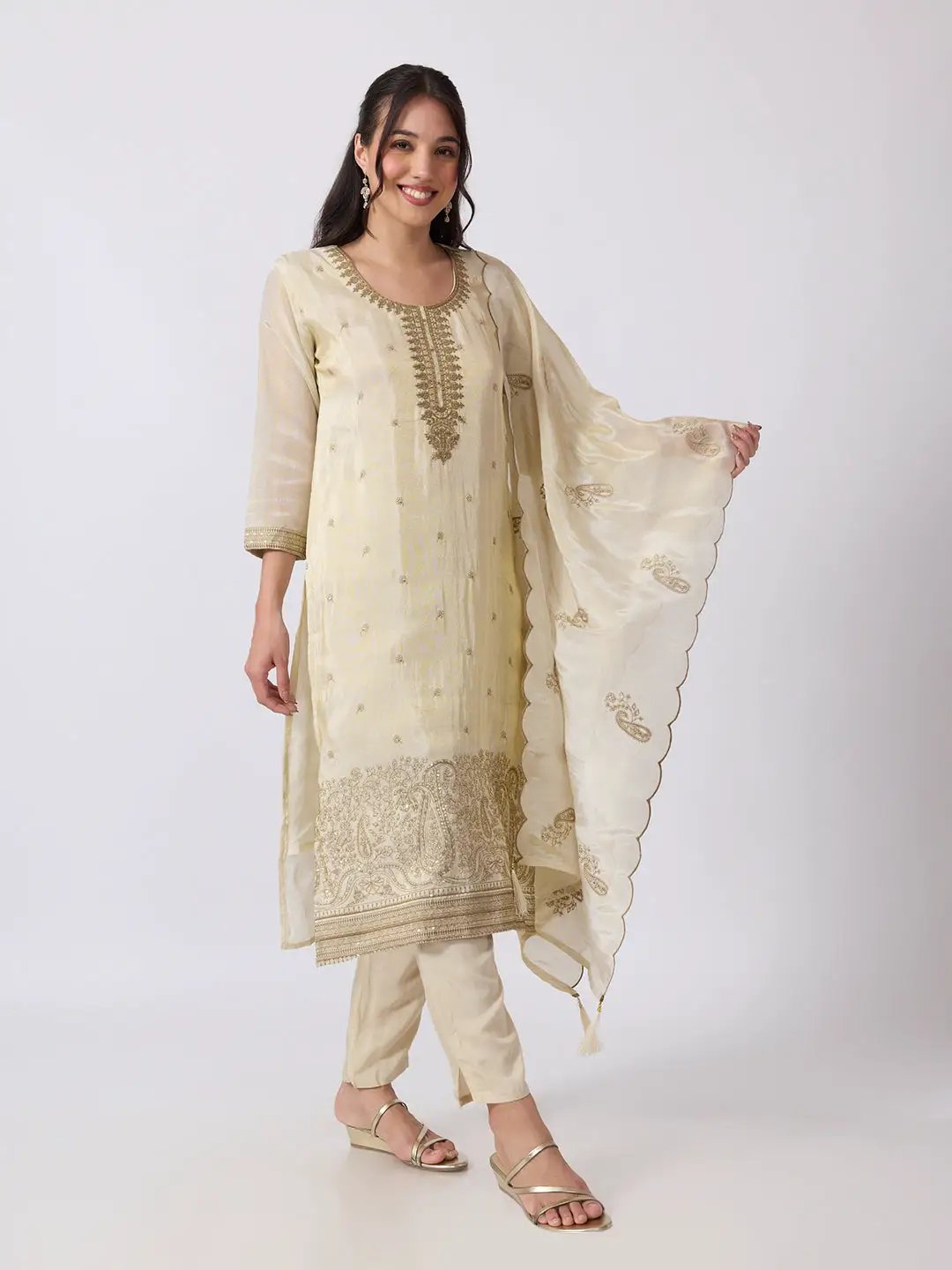 Women's Floral Embroidered Beige Straight Fit Kurta Pant Set with Scalloped Dupatta