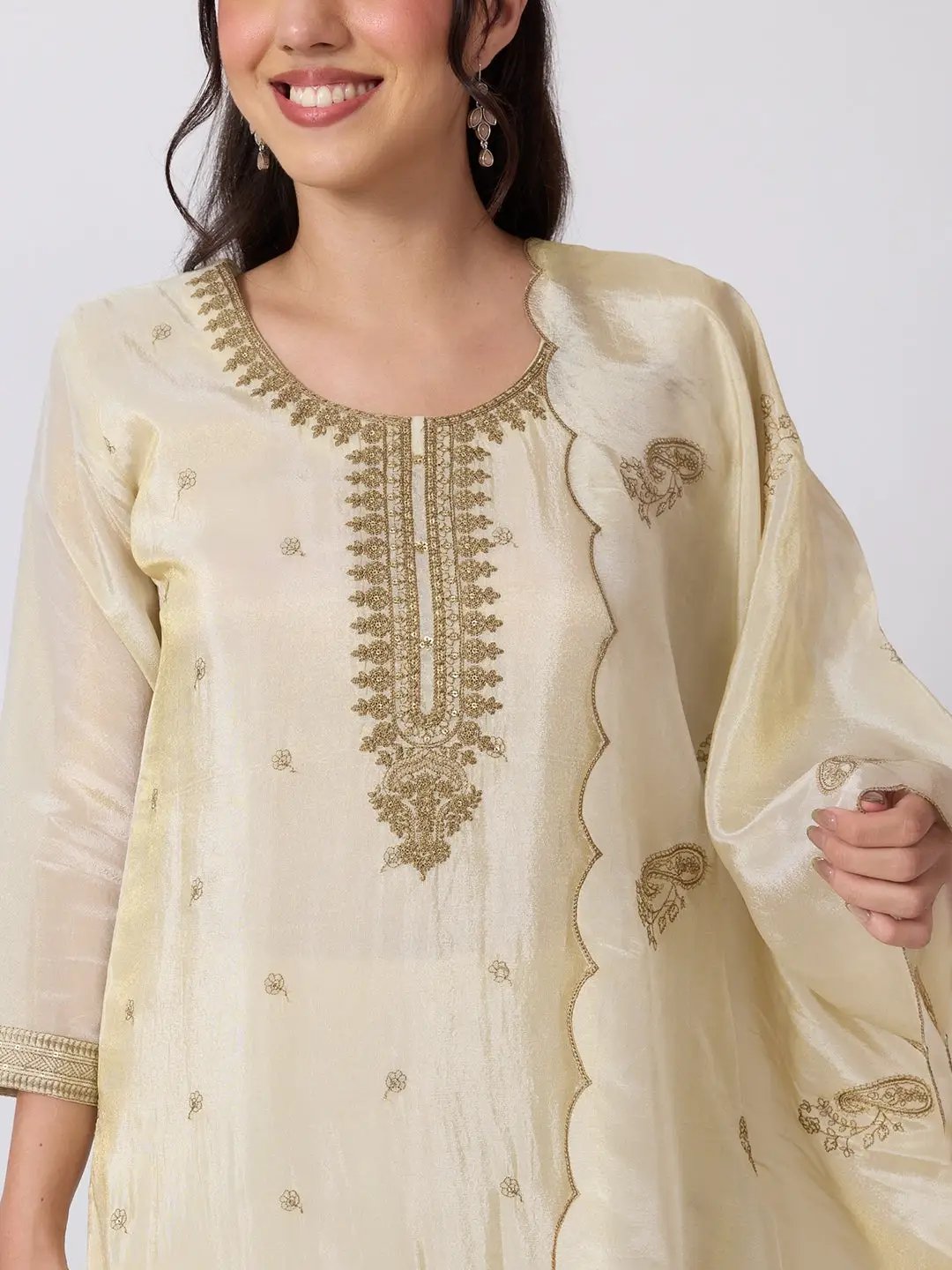 Women's Floral Embroidered Beige Straight Fit Kurta Pant Set with Scalloped Dupatta
