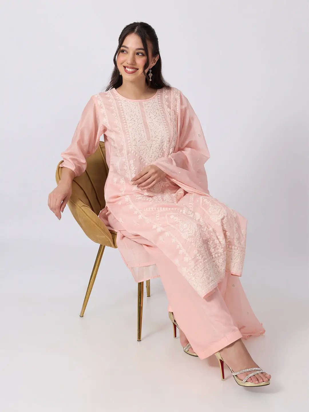 Women's Pink Embroidered Kurta Set With Dupatta