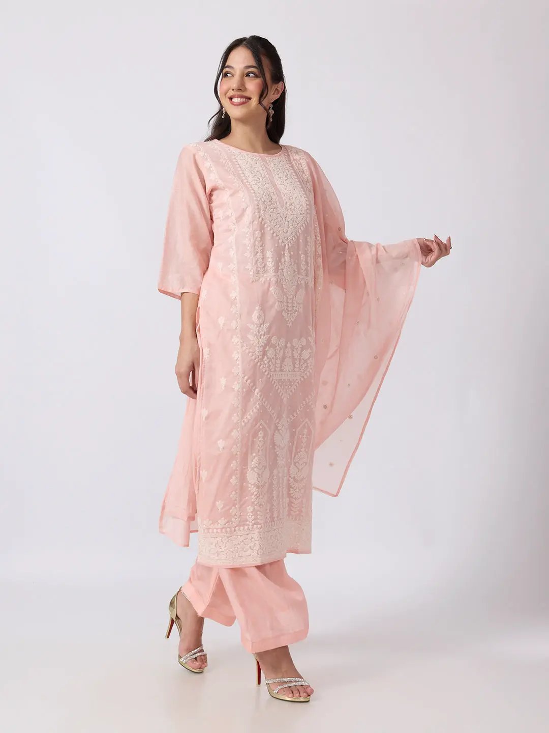 Women's Pink Embroidered Kurta Set With Dupatta