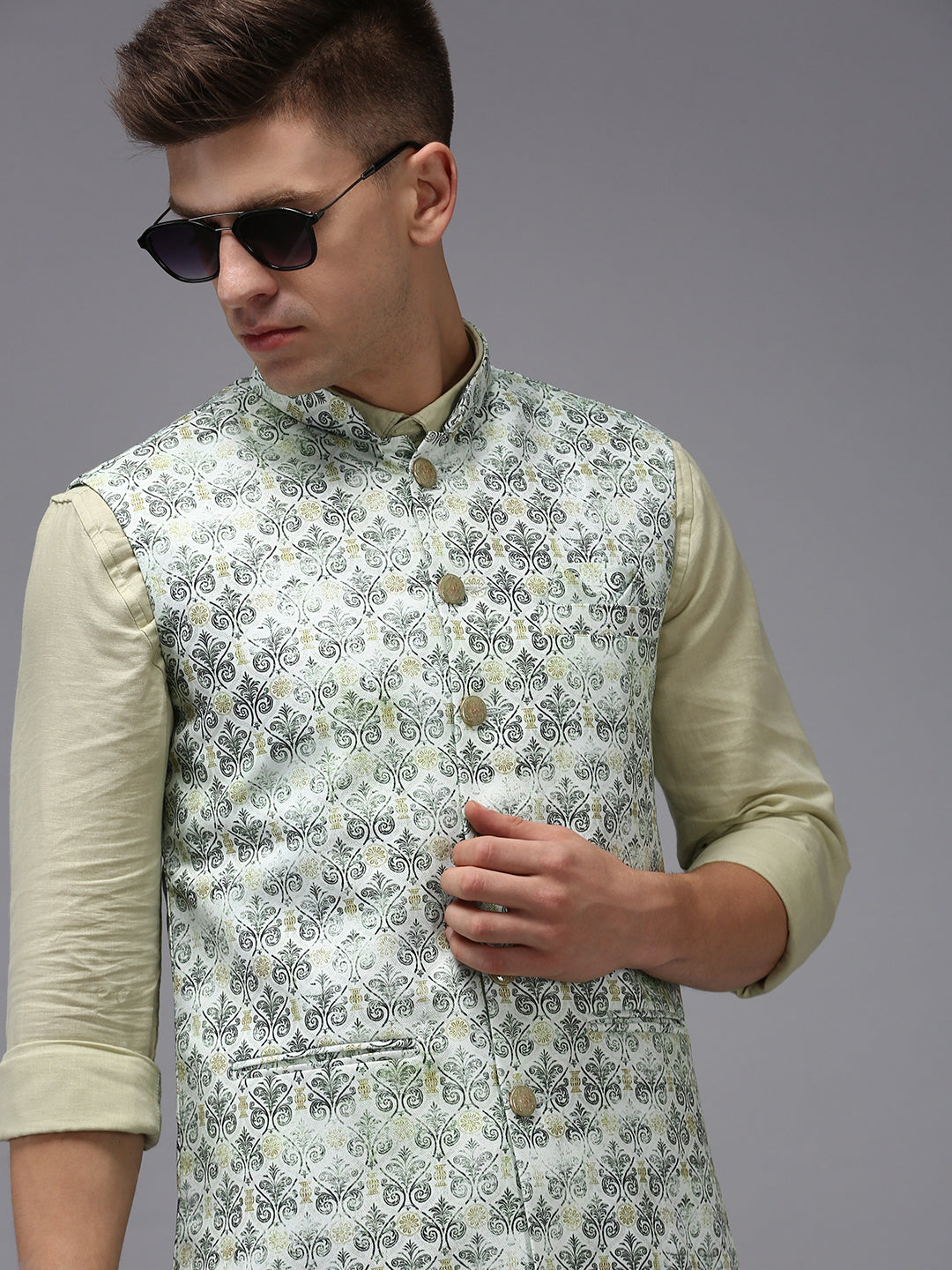 Men Mandarin Collar Printed Green Nehru Jacket