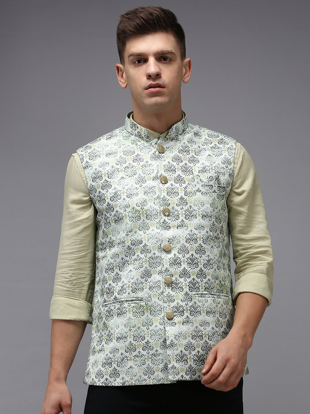 Men Mandarin Collar Printed Green Nehru Jacket