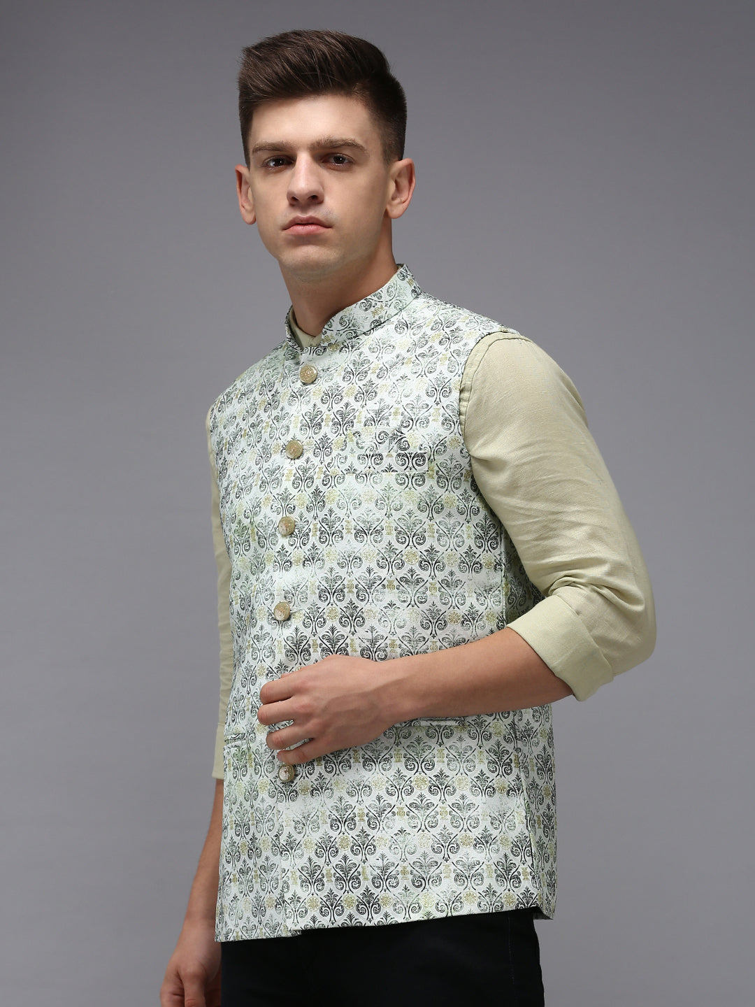 Men Mandarin Collar Printed Green Nehru Jacket