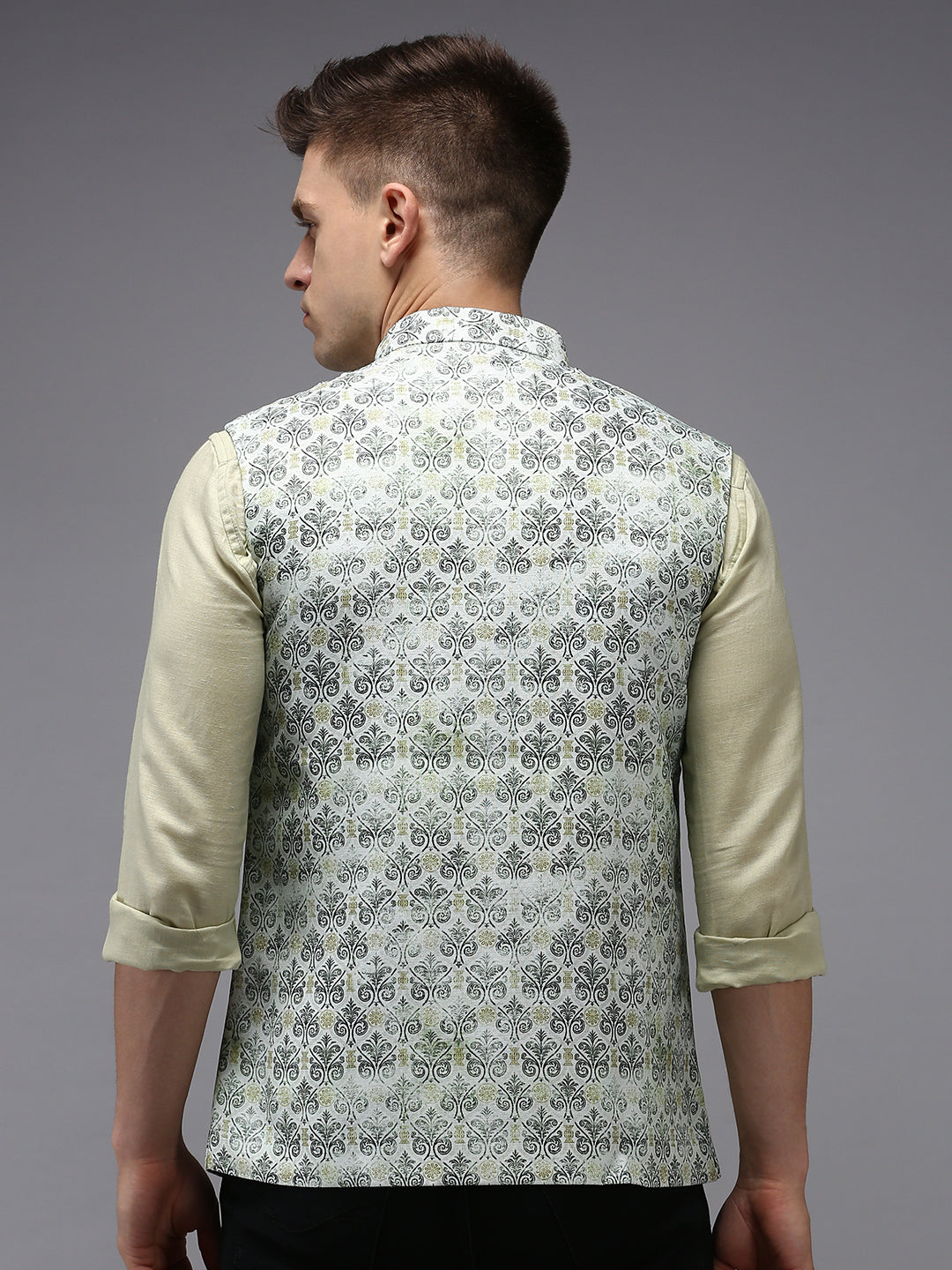 Men Mandarin Collar Printed Green Nehru Jacket