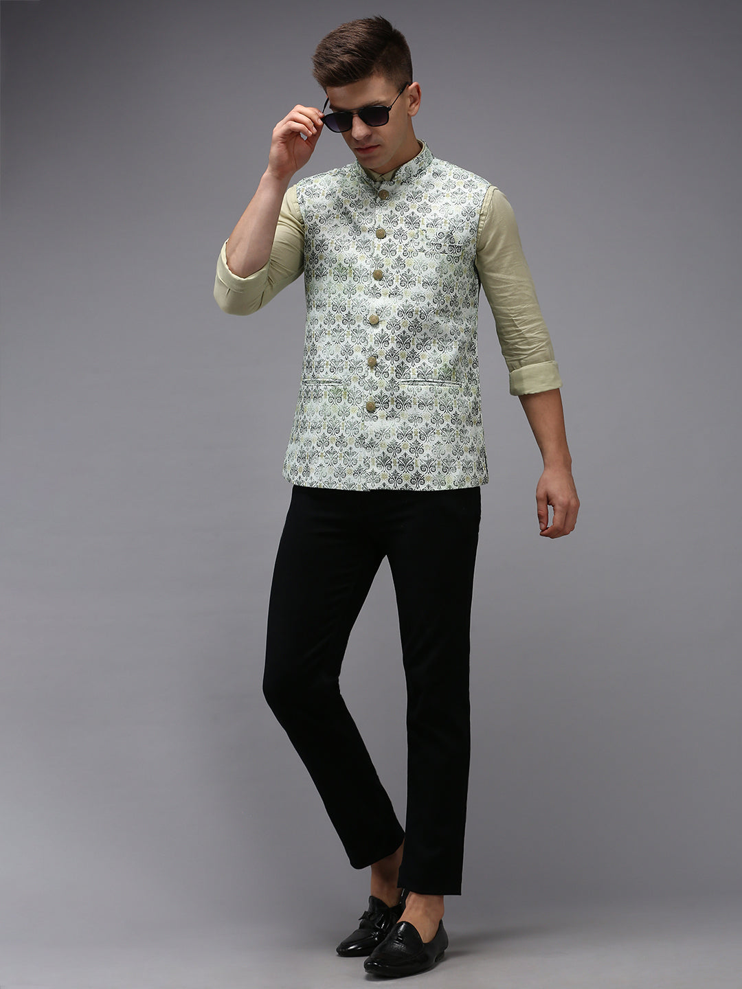 Men Mandarin Collar Printed Green Nehru Jacket