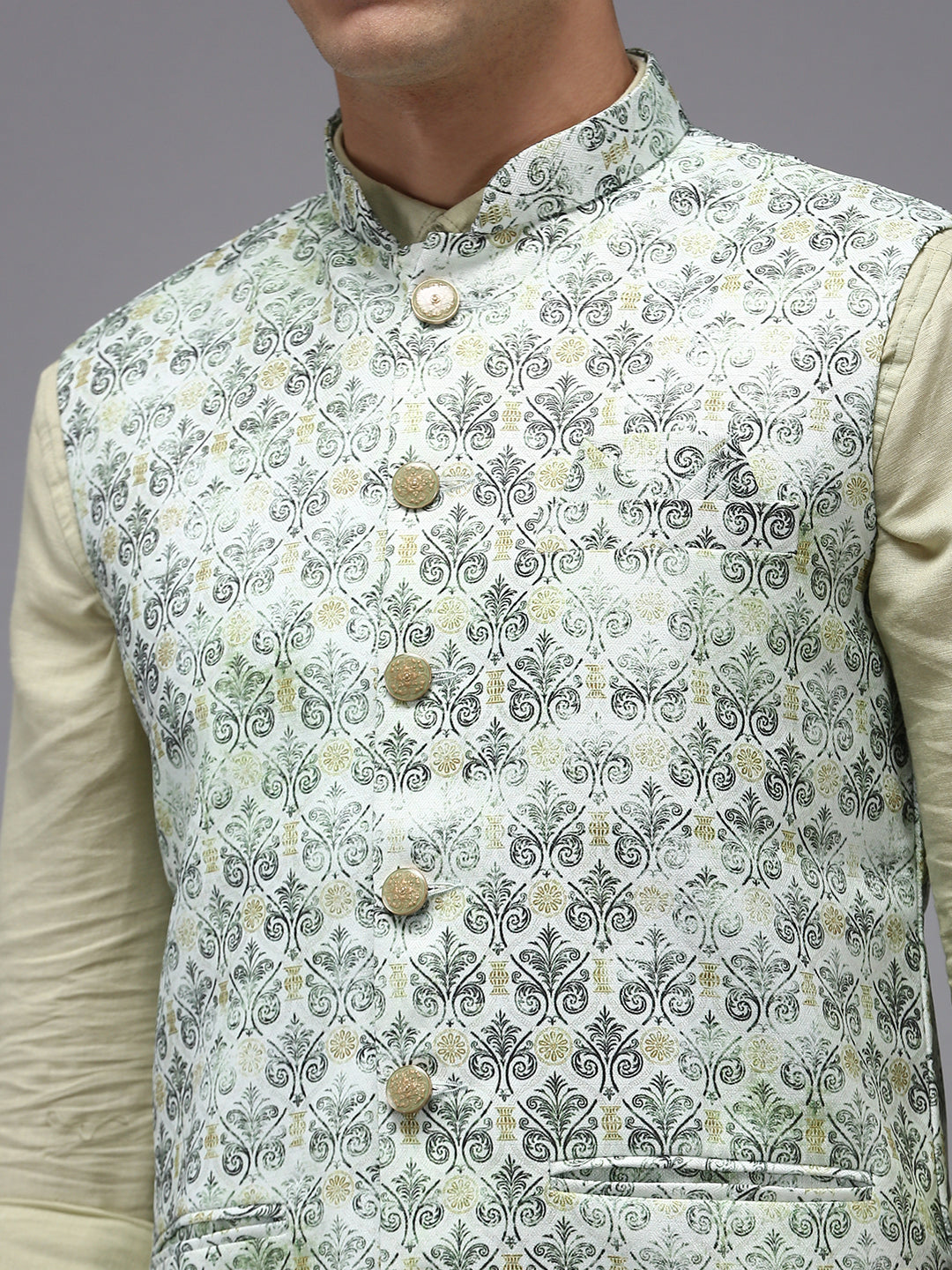 Men Mandarin Collar Printed Green Nehru Jacket