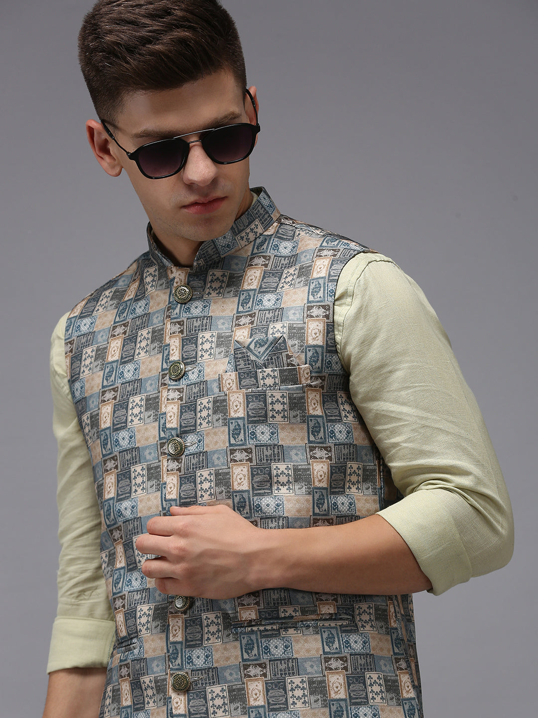 Men Mandarin Collar Printed Multi Nehru Jacket