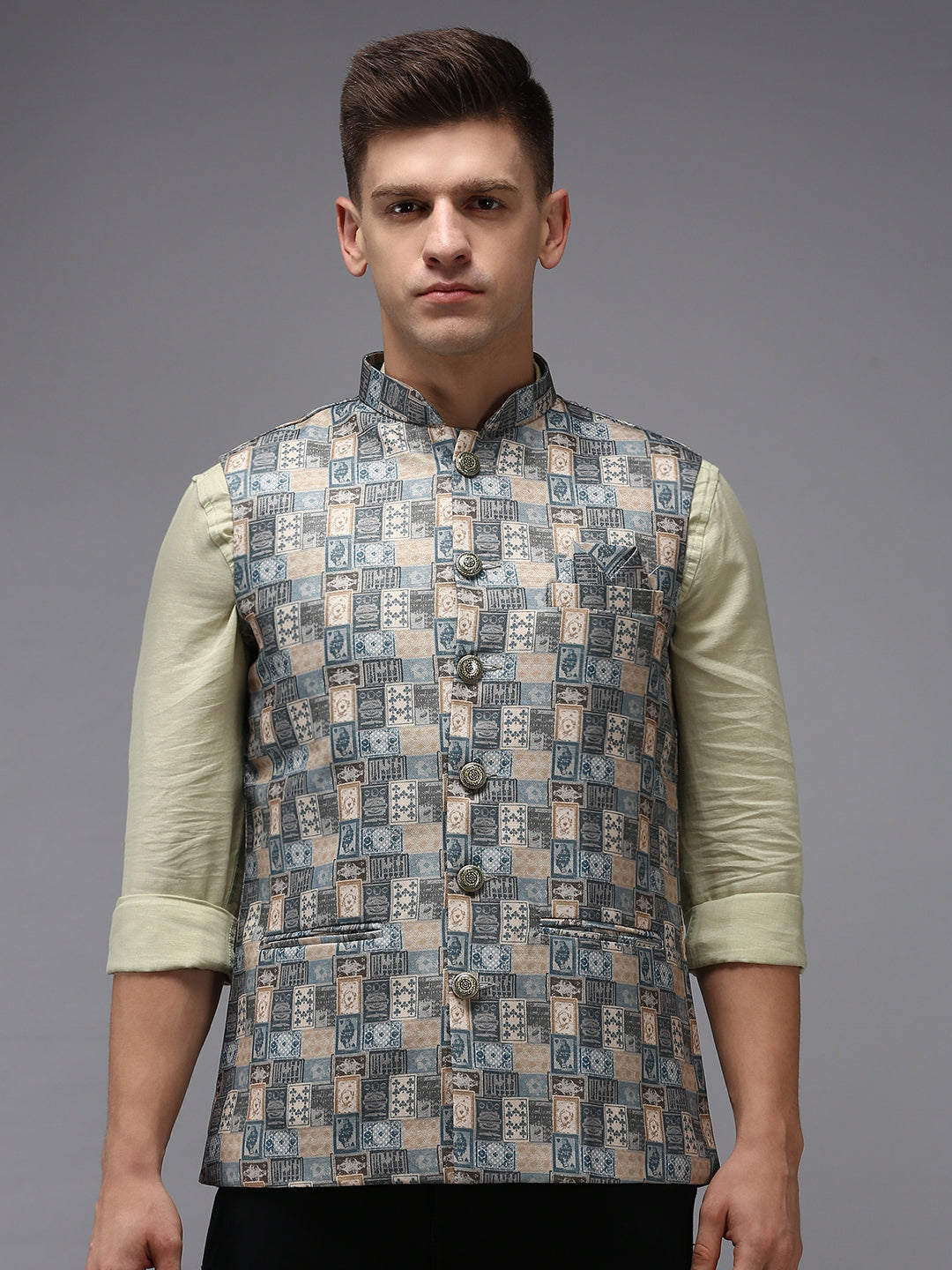 Men Mandarin Collar Printed Multi Nehru Jacket