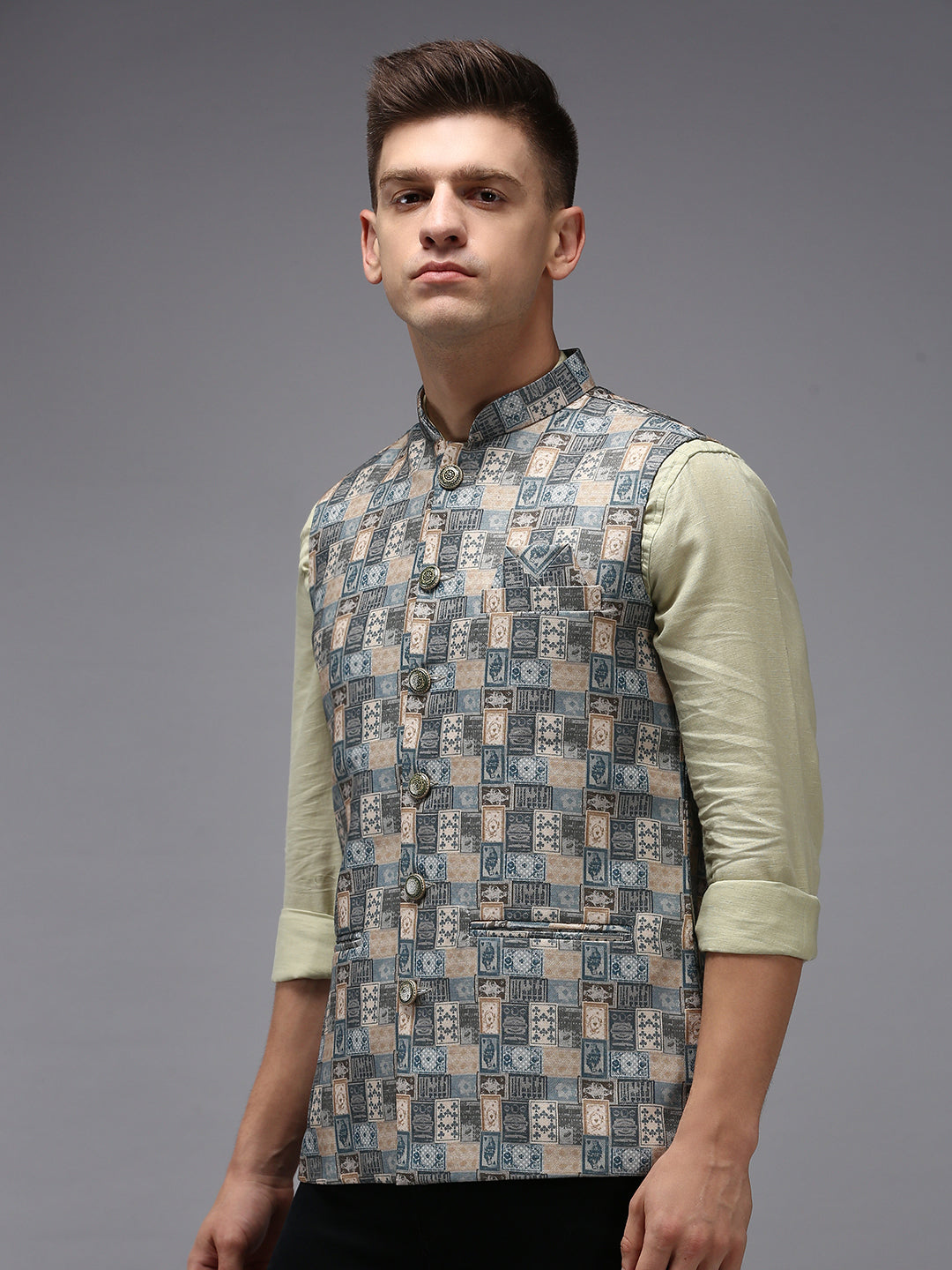 Men Mandarin Collar Printed Multi Nehru Jacket