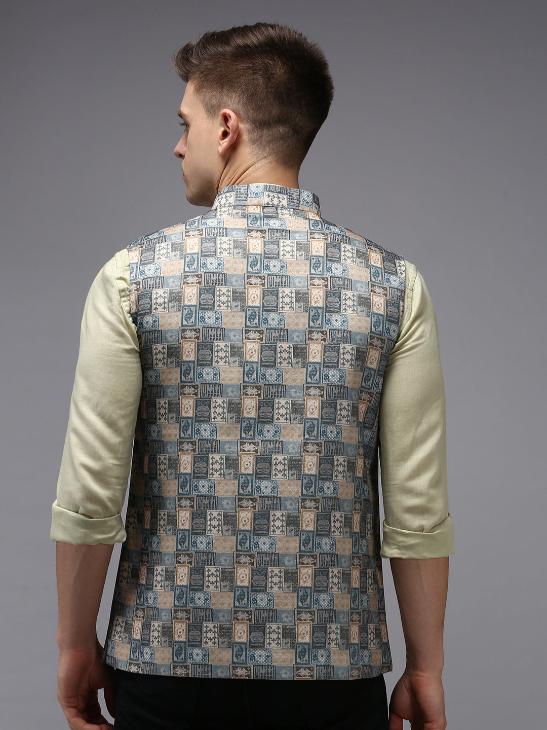 Men Mandarin Collar Printed Multi Nehru Jacket