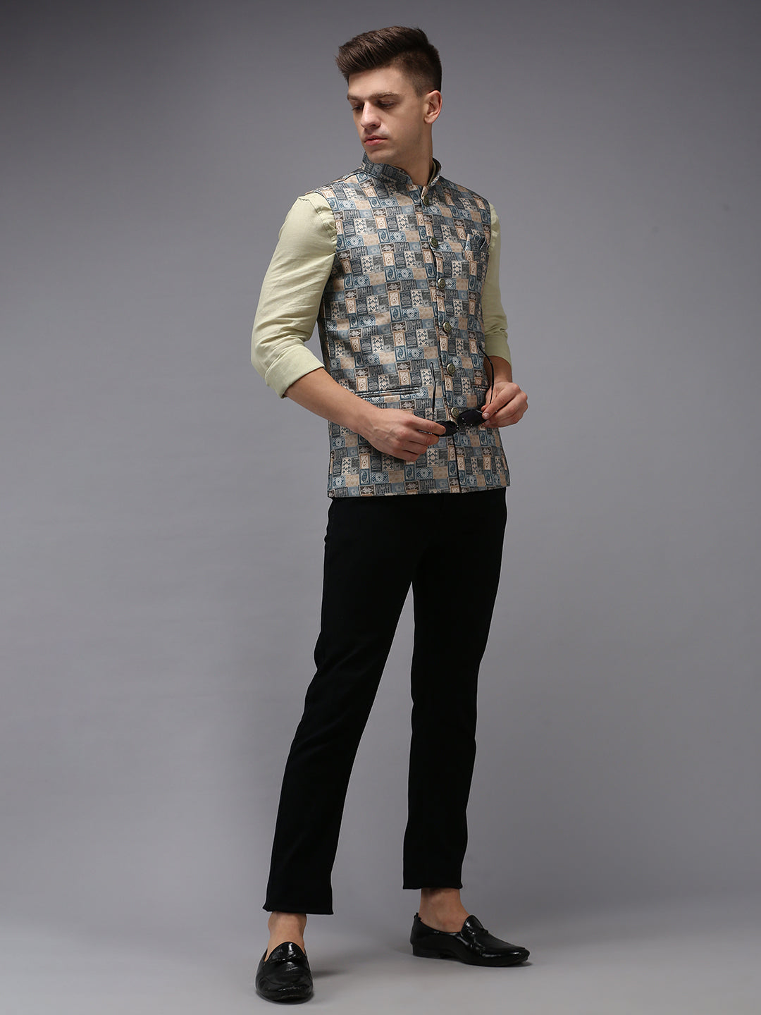 Men Mandarin Collar Printed Multi Nehru Jacket