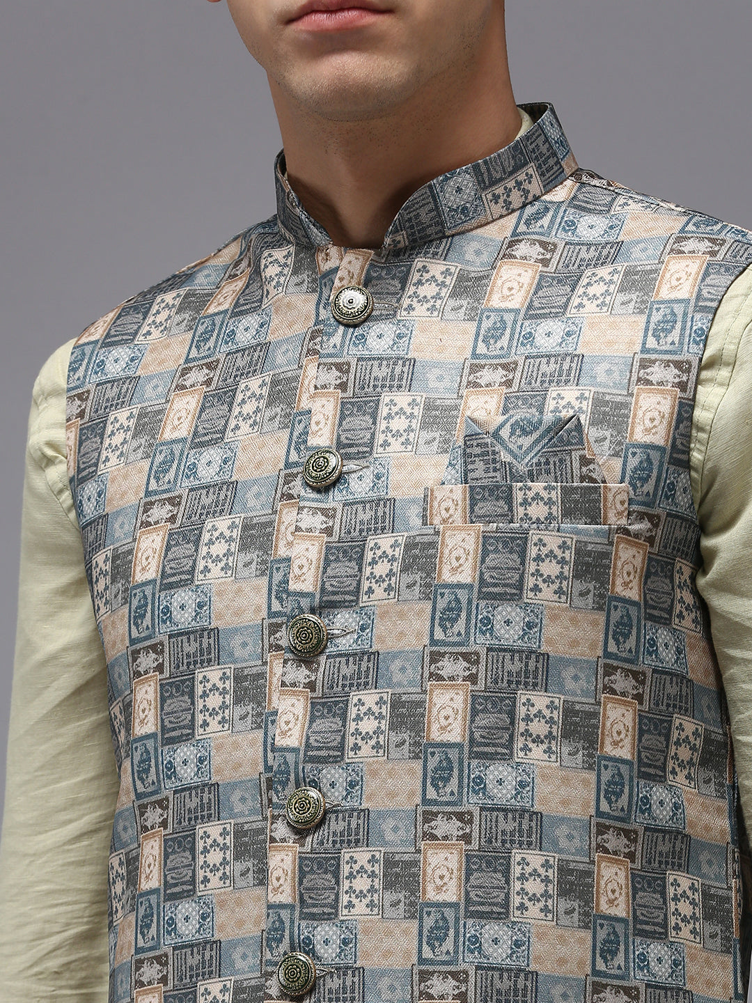 Men Mandarin Collar Printed Multi Nehru Jacket