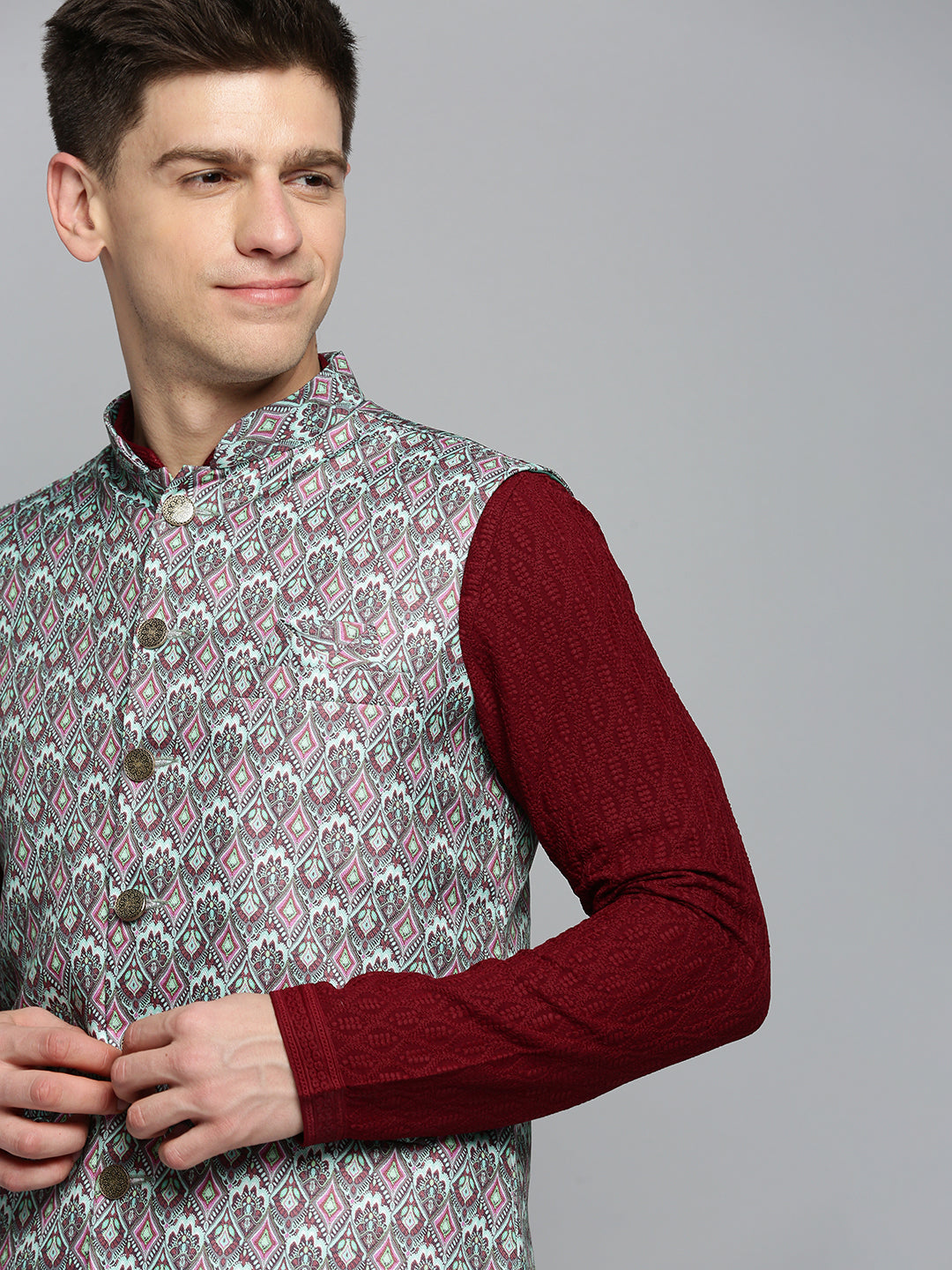 Men Mandarin Collar Printed Green Nehru Jacket