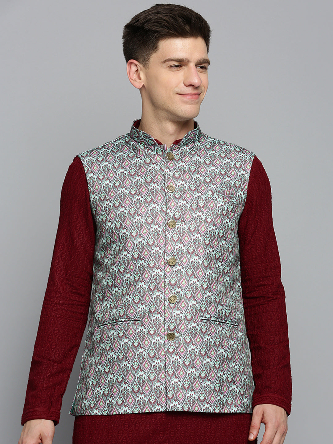 Men Mandarin Collar Printed Green Nehru Jacket