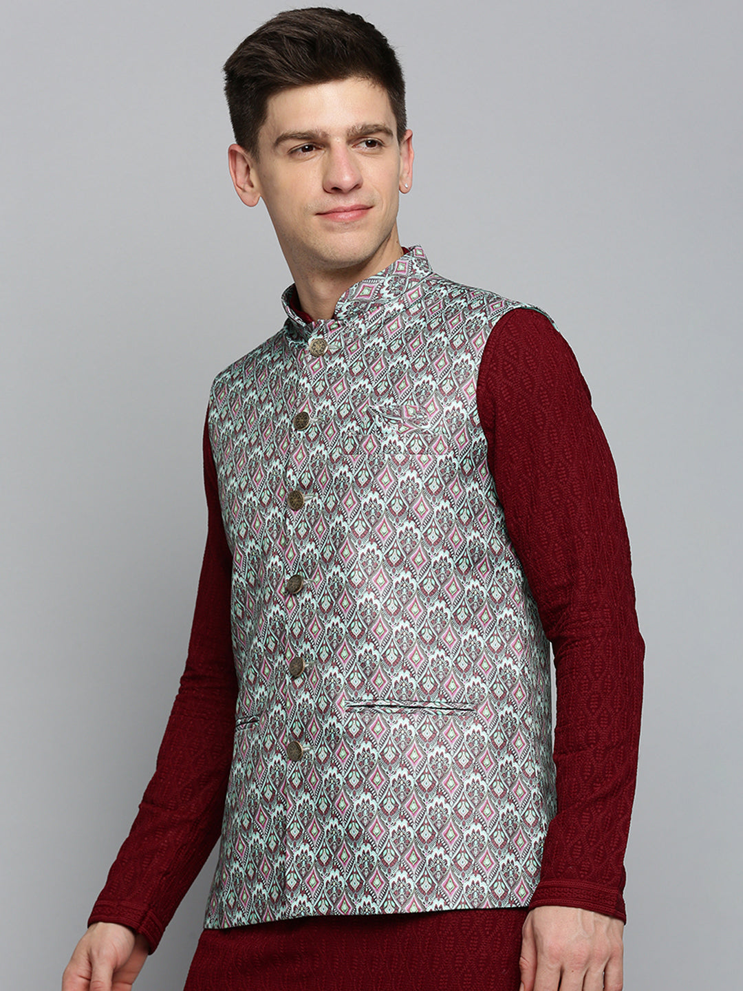 Men Mandarin Collar Printed Green Nehru Jacket