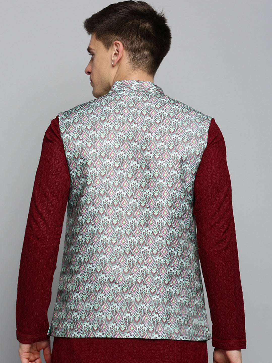 Men Mandarin Collar Printed Green Nehru Jacket