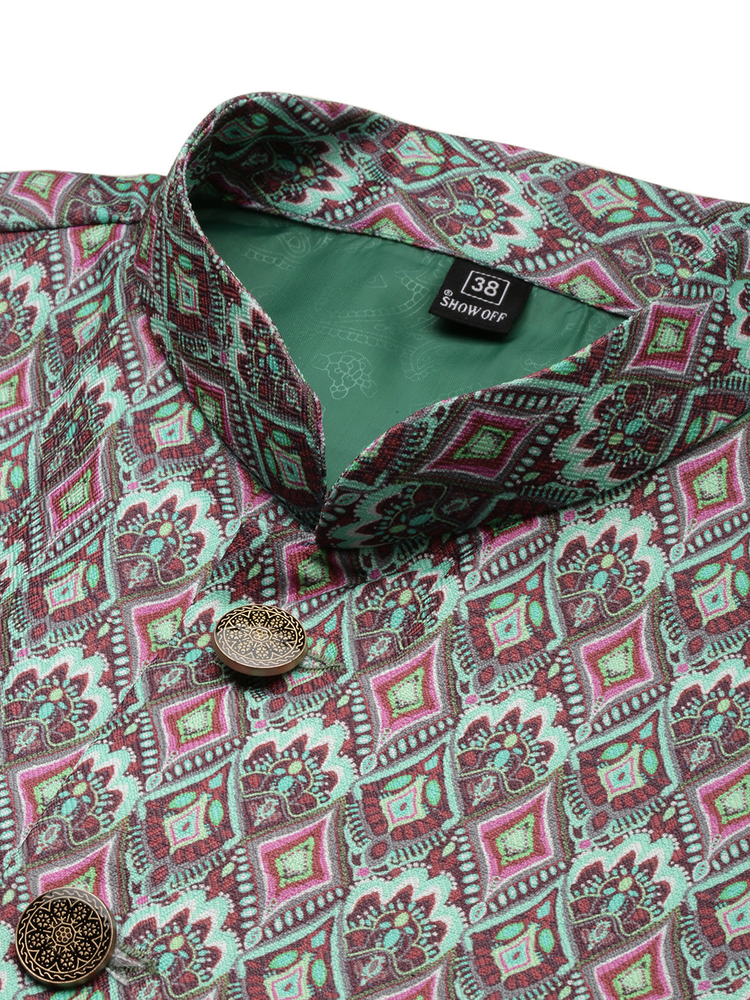 Men Mandarin Collar Printed Green Nehru Jacket