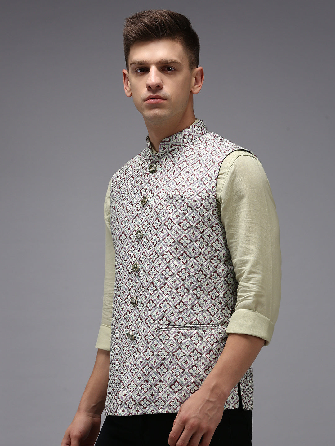 Men Mandarin Collar Printed Fluorescent Green Nehru Jacket