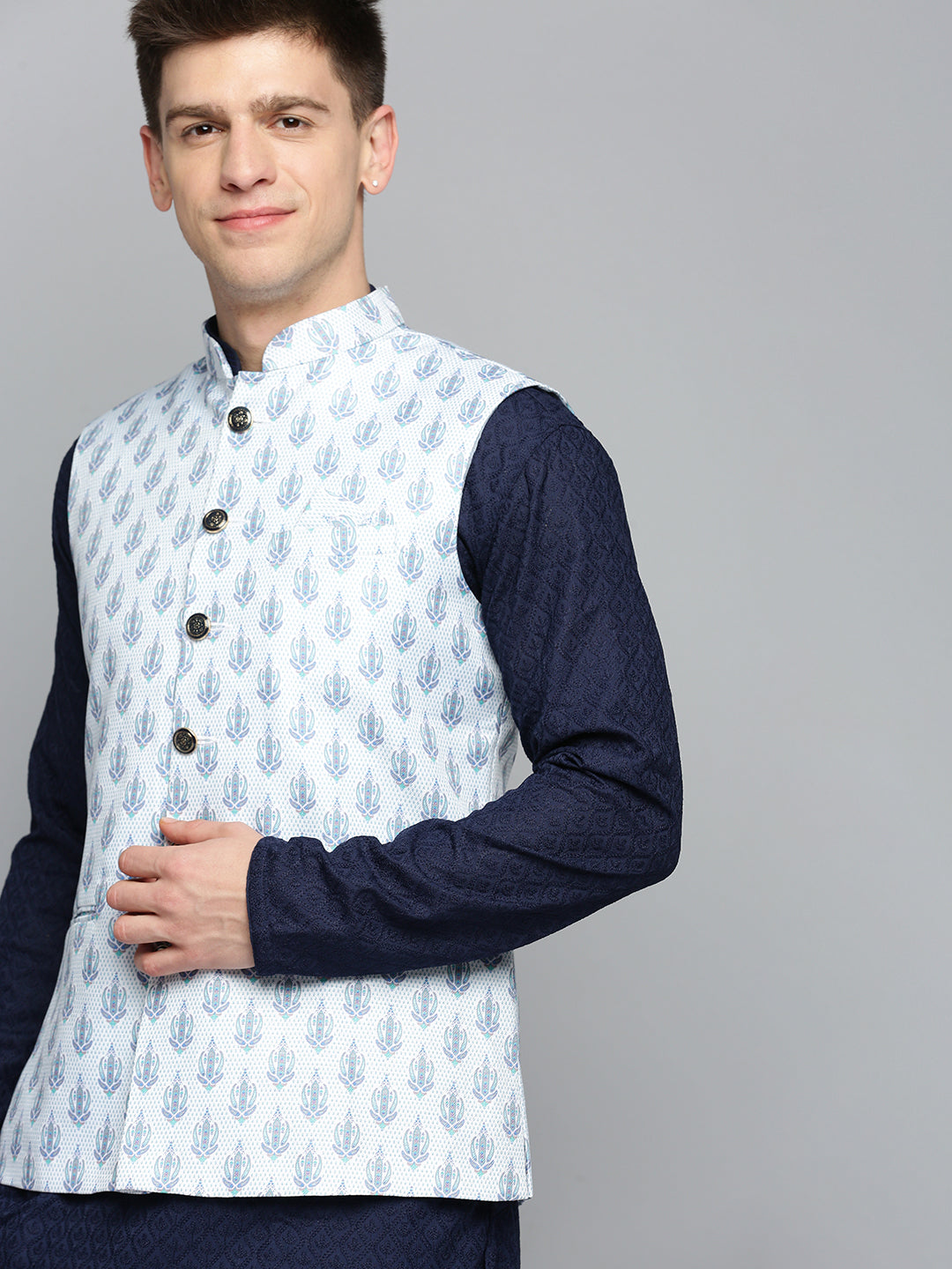 Men Mandarin Collar Printed White Nehru Jacket