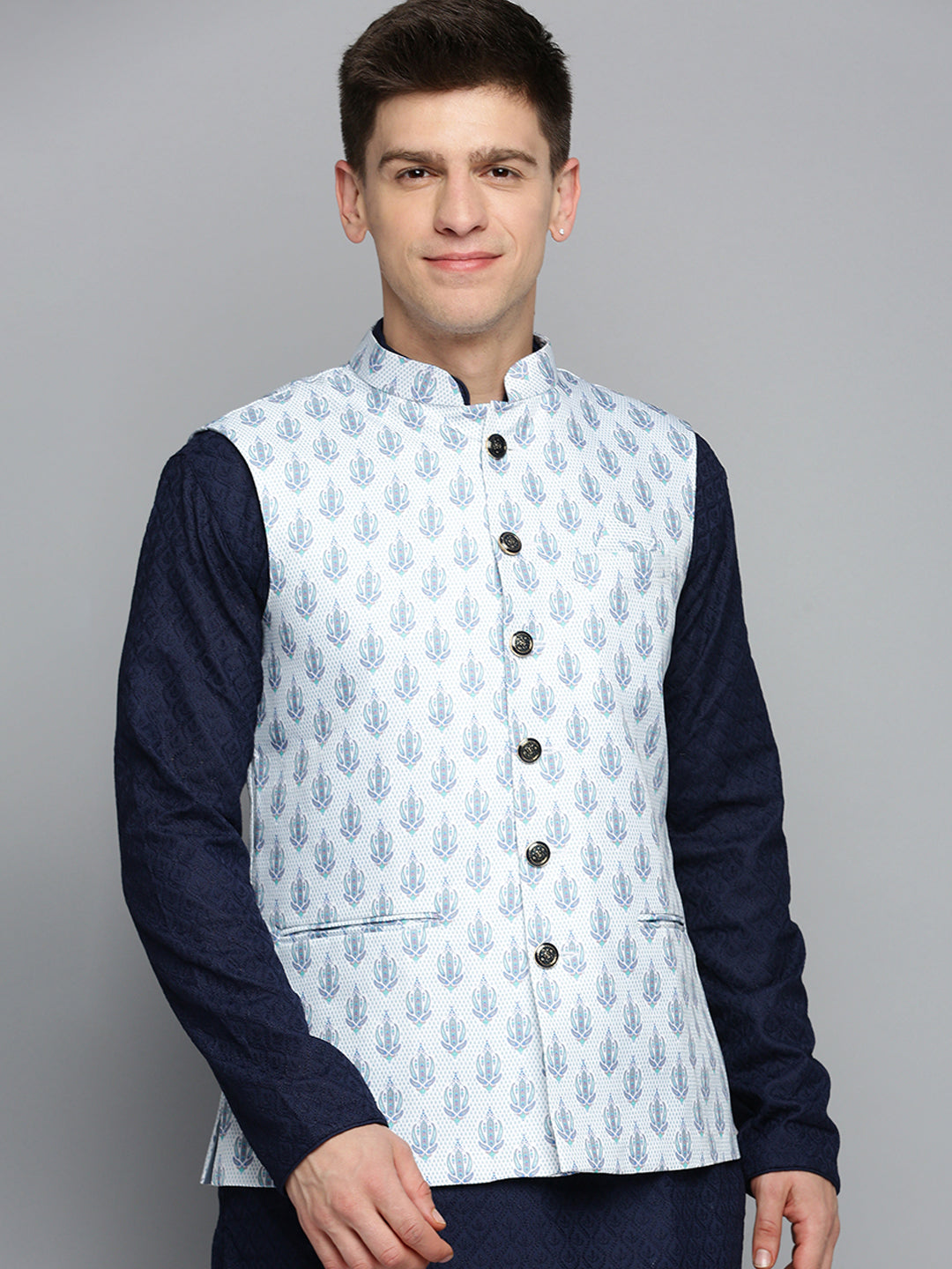 Men Mandarin Collar Printed White Nehru Jacket