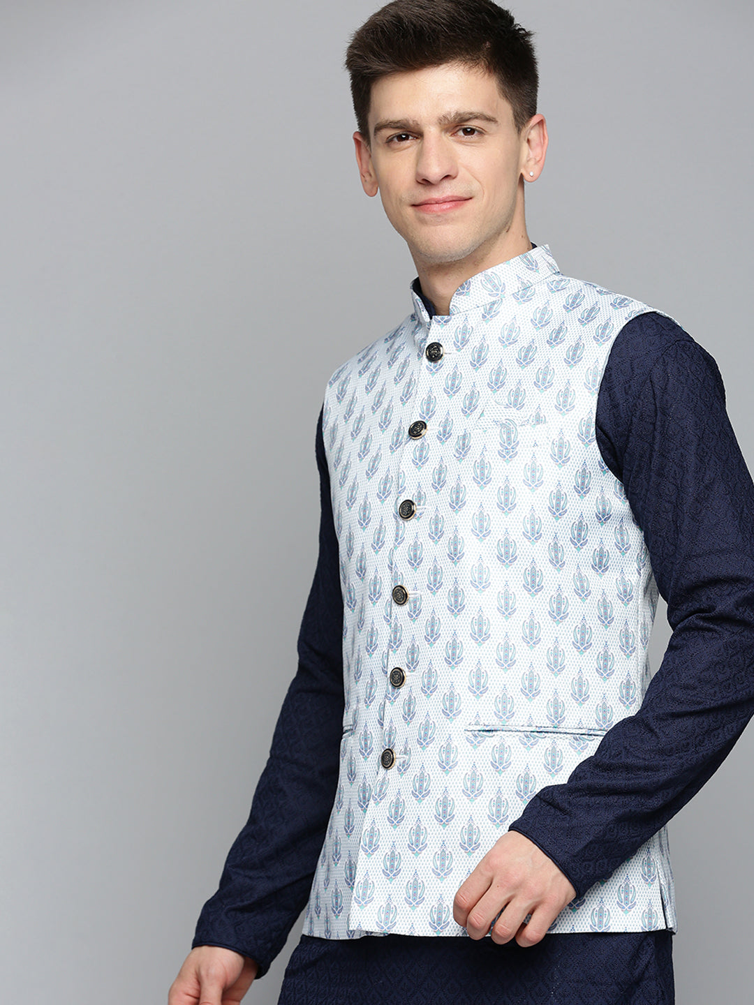 Men Mandarin Collar Printed White Nehru Jacket