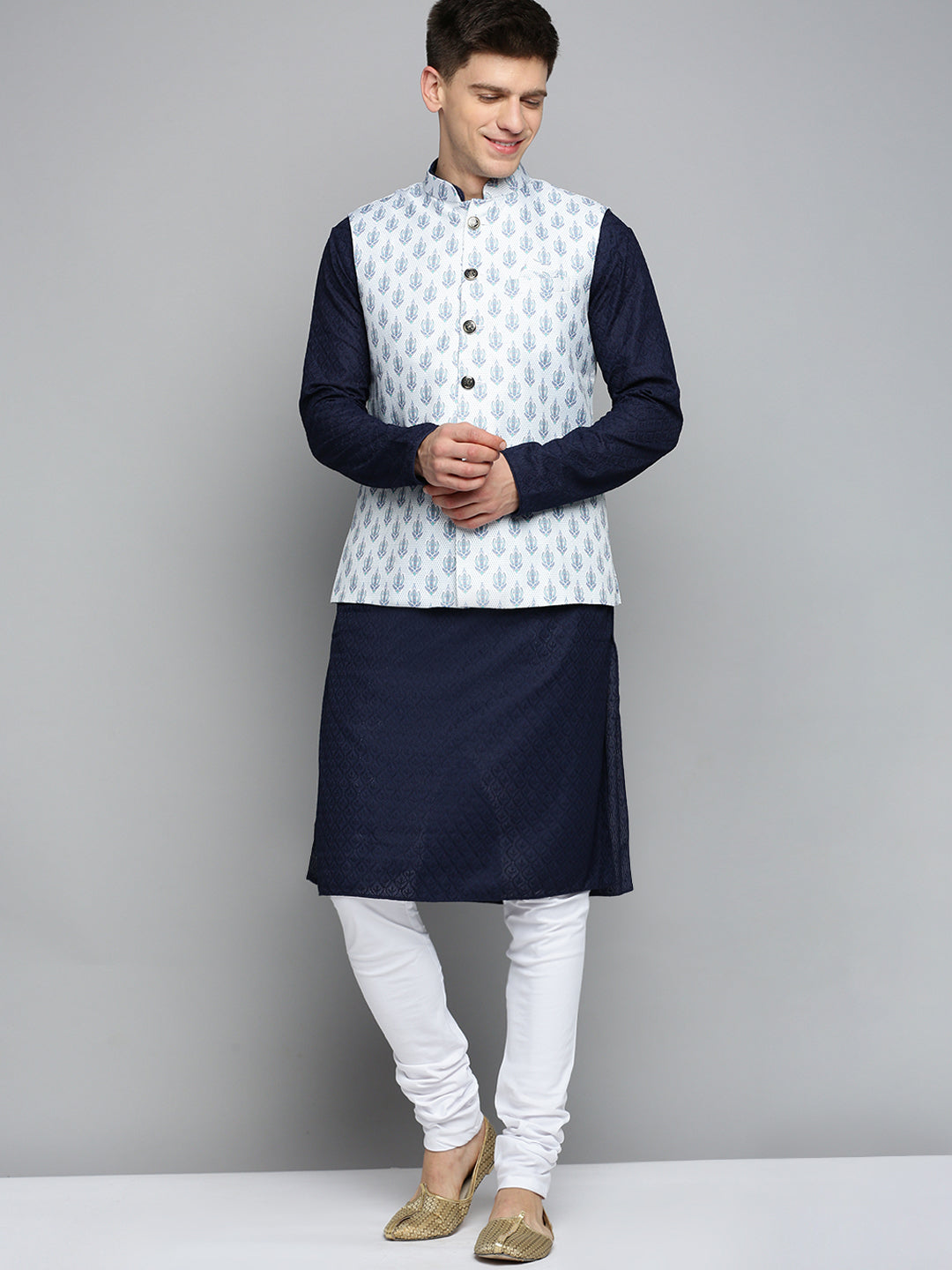 Men Mandarin Collar Printed White Nehru Jacket