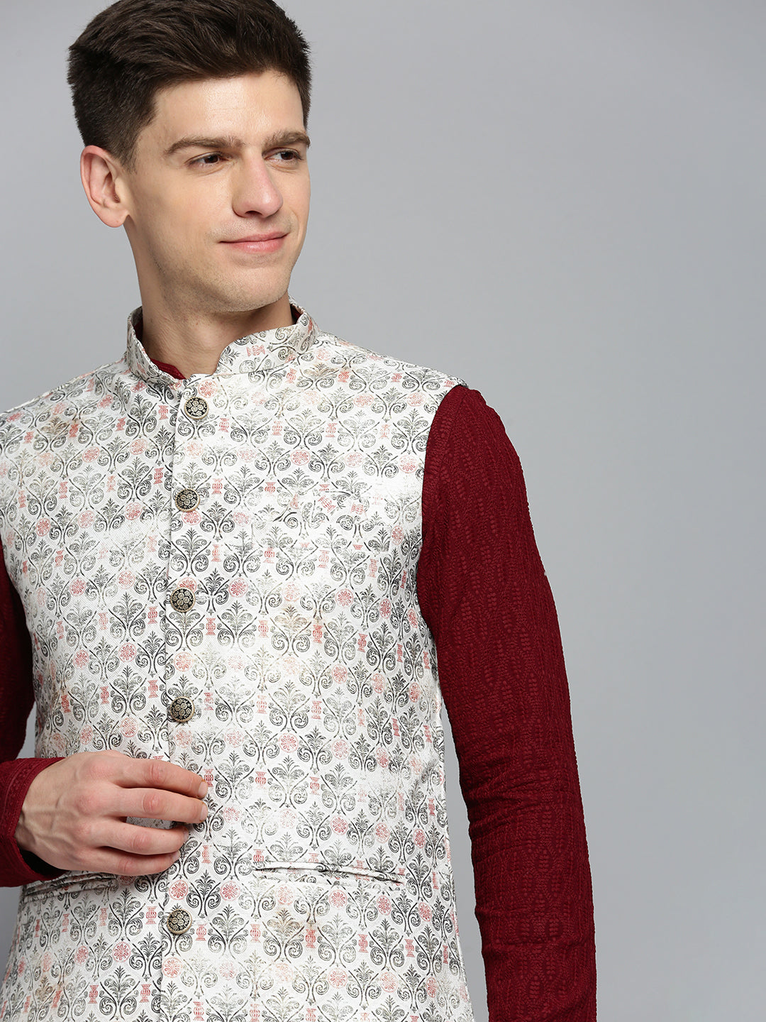 Men Mandarin Collar Printed Cream Nehru Jacket