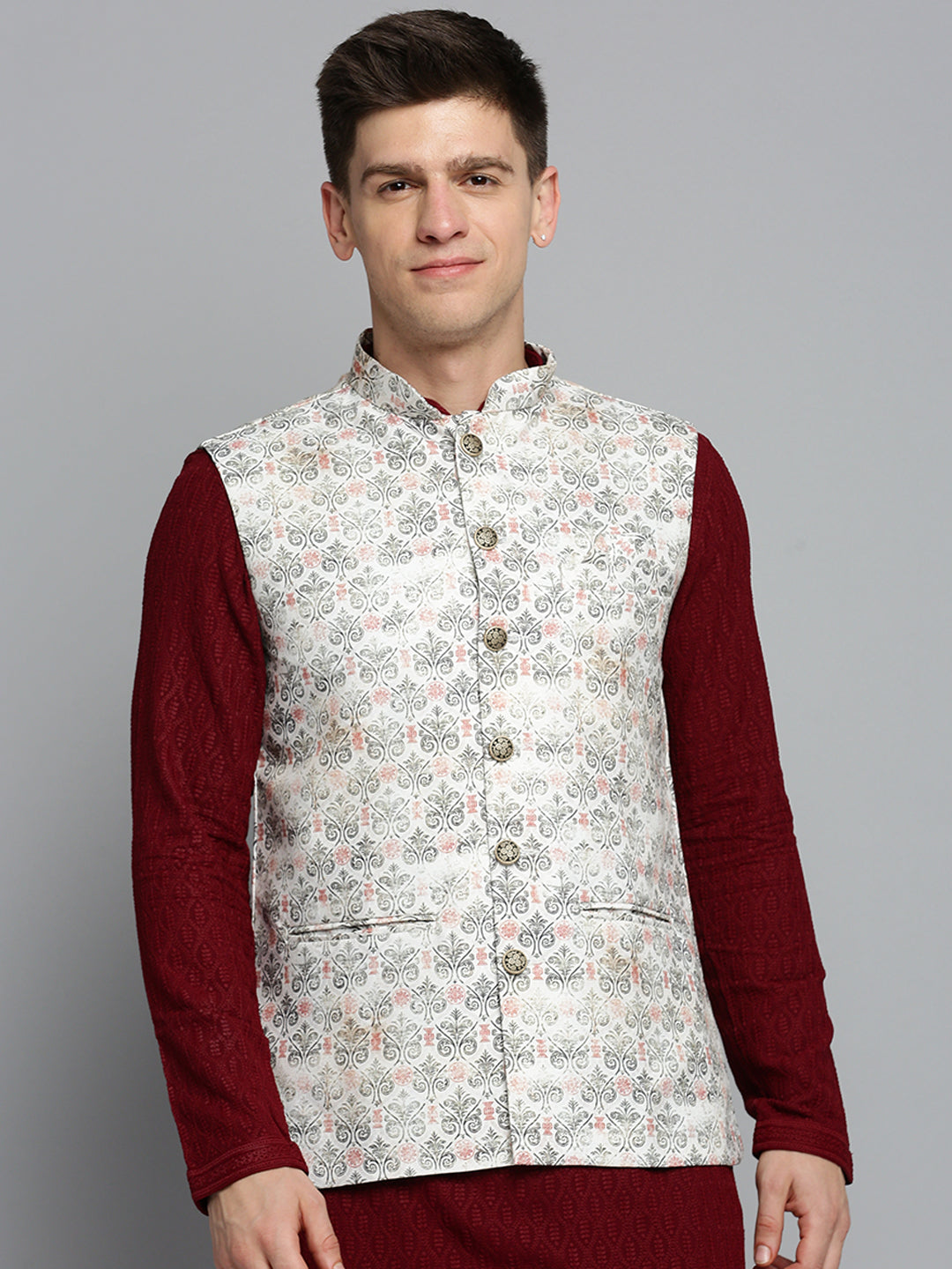 Men Mandarin Collar Printed Cream Nehru Jacket