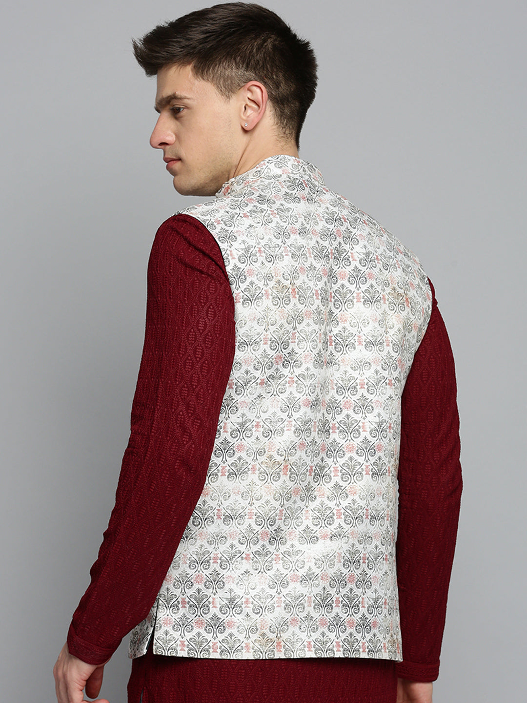 Men Mandarin Collar Printed Cream Nehru Jacket