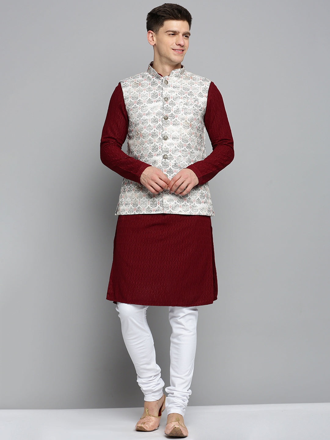 Men Mandarin Collar Printed Cream Nehru Jacket