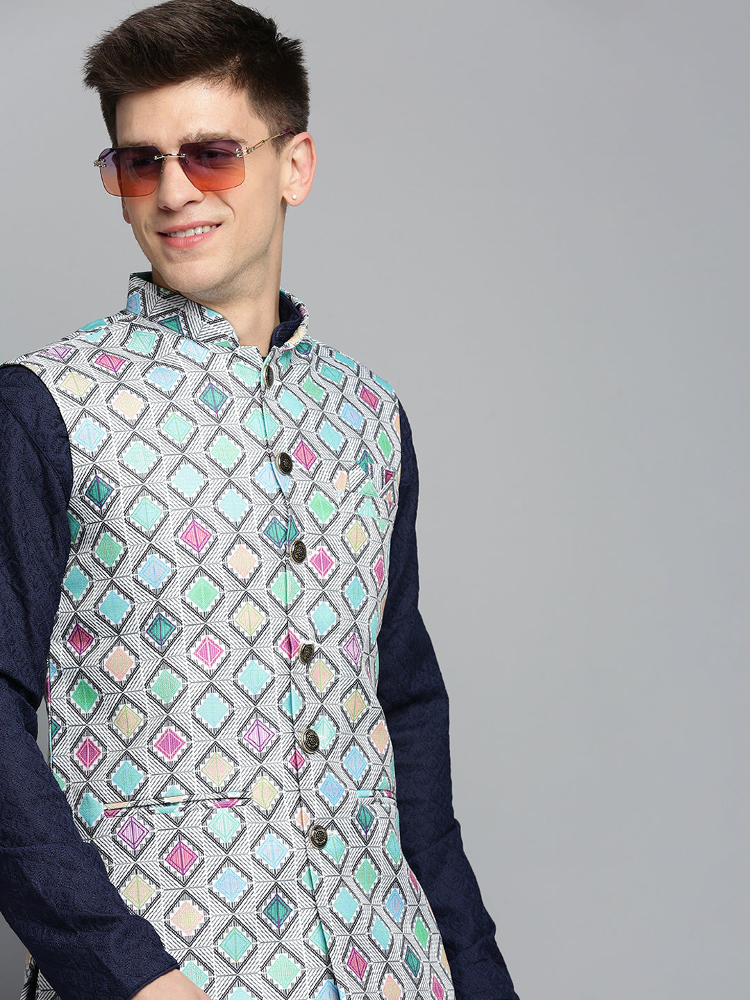 Men Mandarin Collar Printed Multi Nehru Jacket