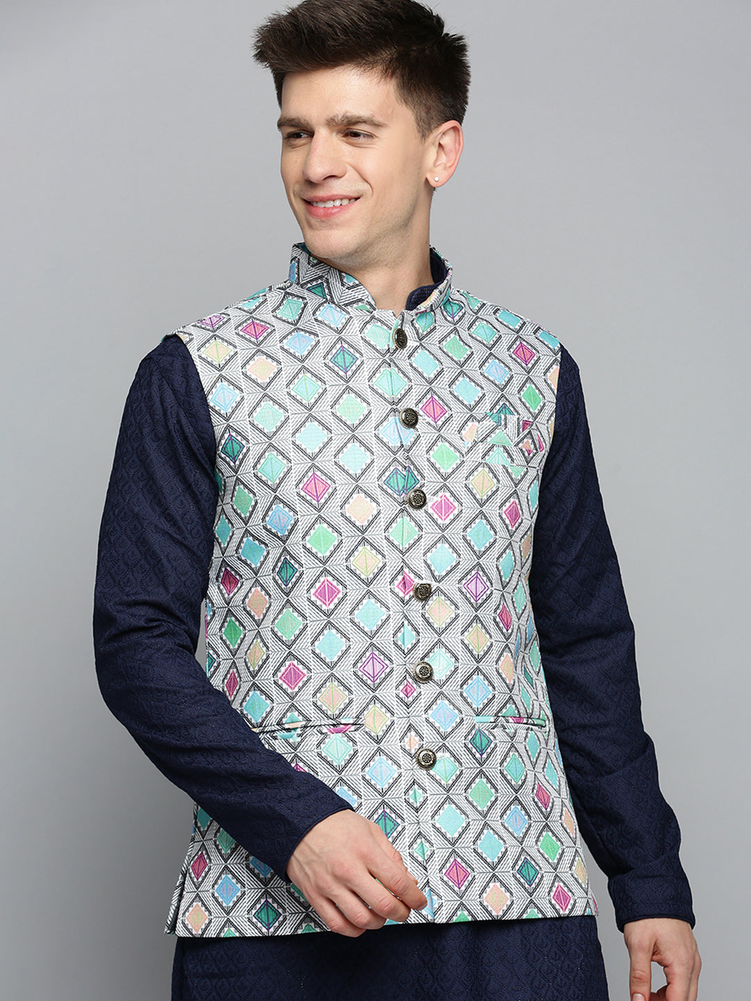 Men Mandarin Collar Printed Multi Nehru Jacket