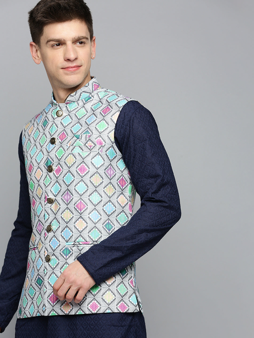 Men Mandarin Collar Printed Multi Nehru Jacket