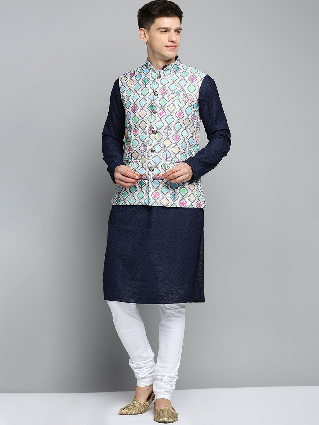 Men Mandarin Collar Printed Multi Nehru Jacket