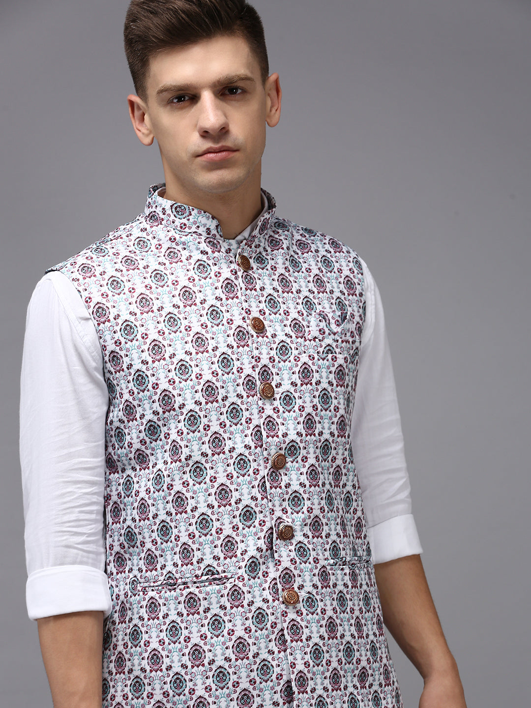 Men Mandarin Collar Printed White Nehru Jacket