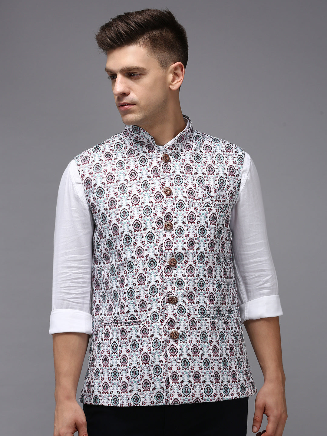 Men Mandarin Collar Printed White Nehru Jacket