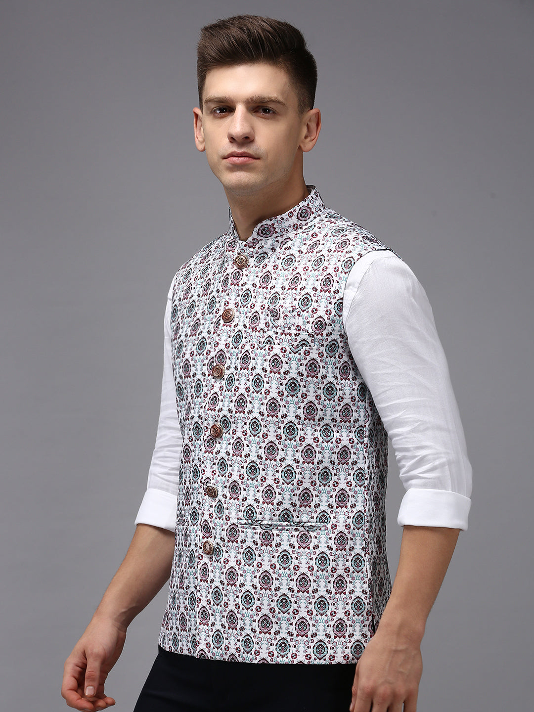 Men Mandarin Collar Printed White Nehru Jacket