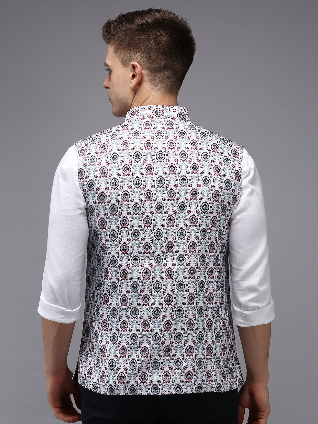 Men Mandarin Collar Printed White Nehru Jacket