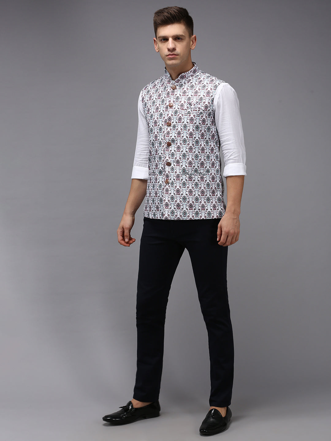 Men Mandarin Collar Printed White Nehru Jacket