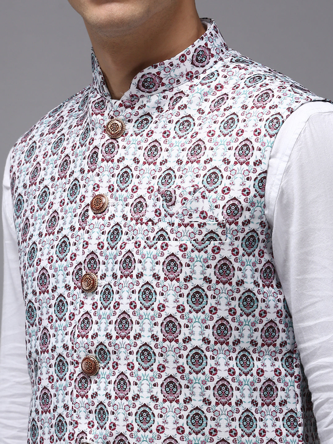 Men Mandarin Collar Printed White Nehru Jacket