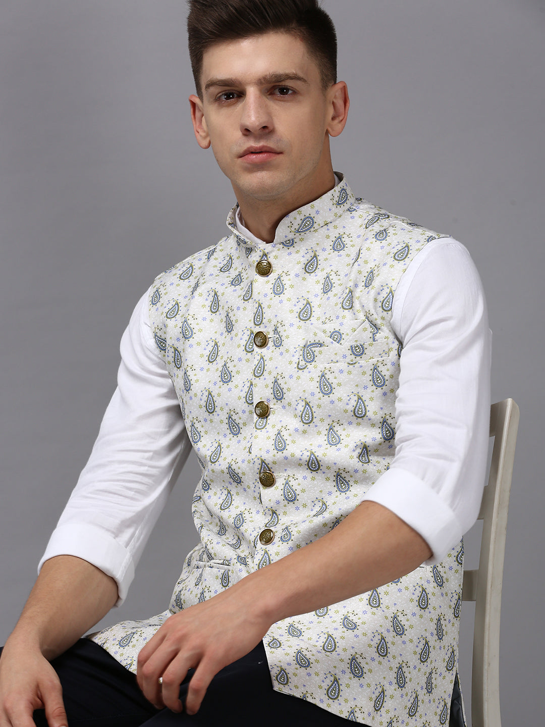 Men Mandarin Collar Printed Cream Nehru Jacket