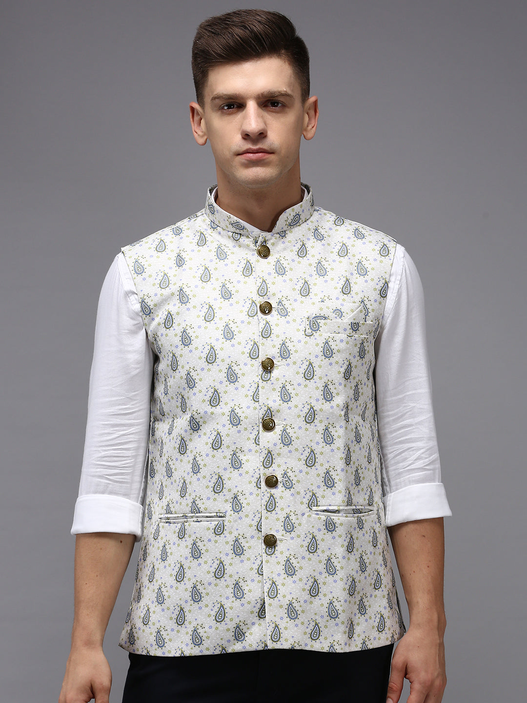 Men Mandarin Collar Printed Cream Nehru Jacket