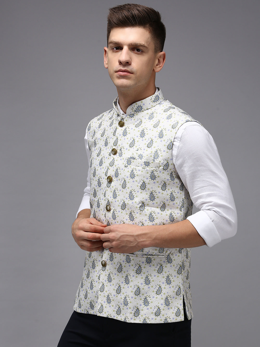 Men Mandarin Collar Printed Cream Nehru Jacket