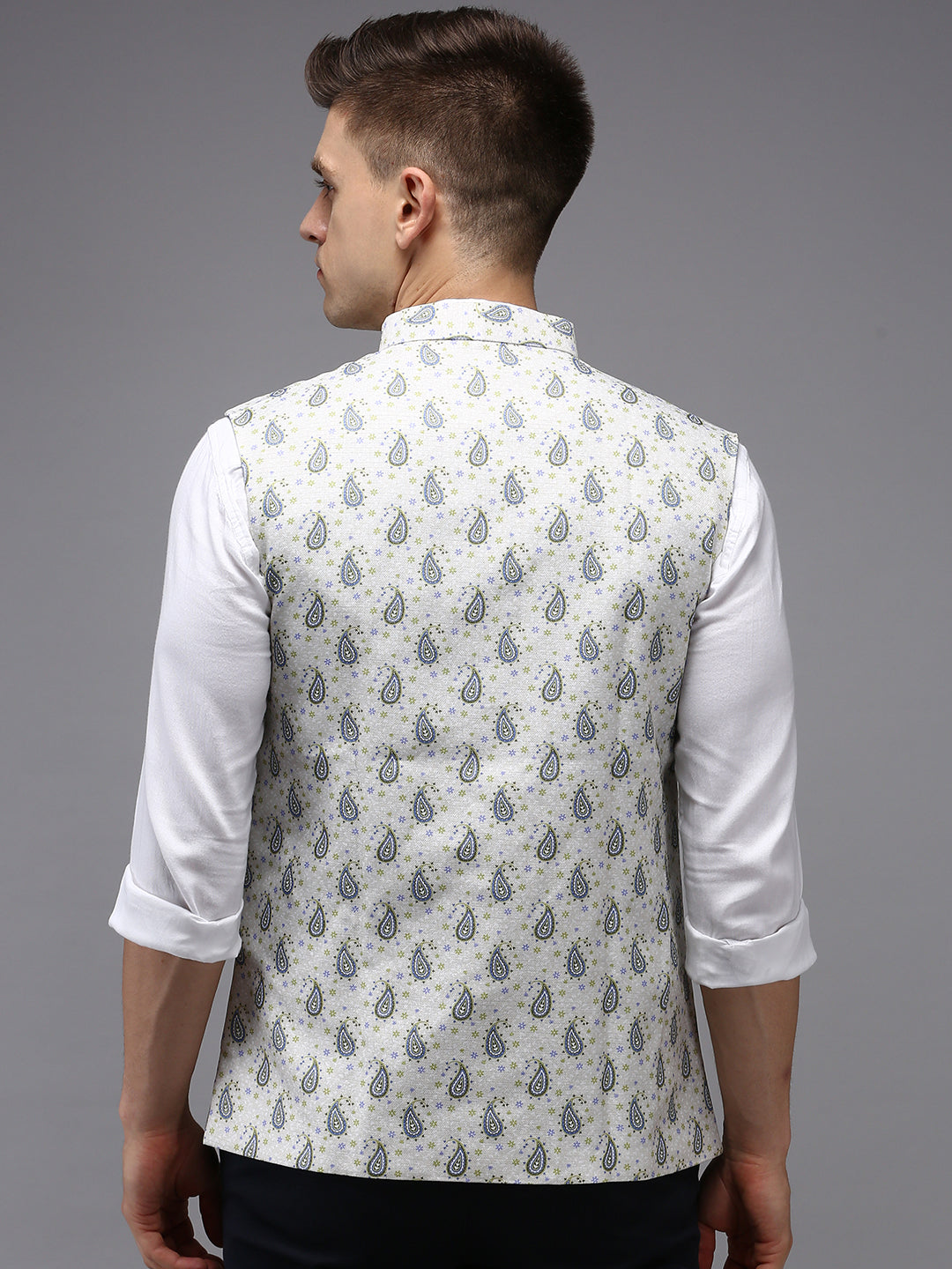 Men Mandarin Collar Printed Cream Nehru Jacket